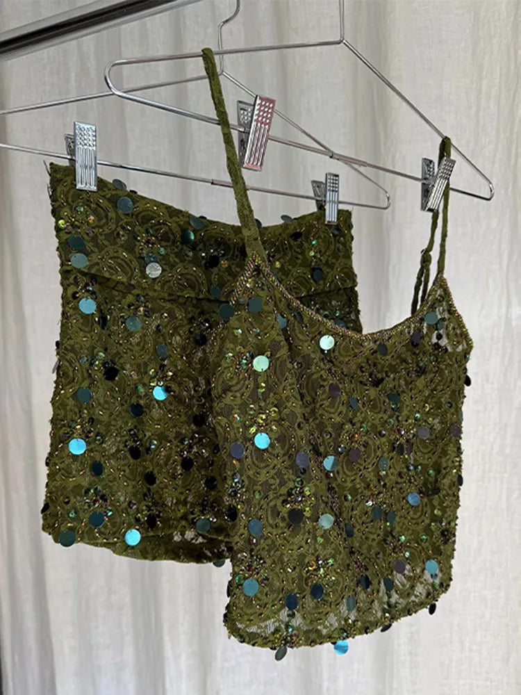 Sexy Sequins See Through Tank Top Shorts Sets Women Sleeveless Backless Vest Mini Shorts Suits Vacation Party 2025 New Outfits