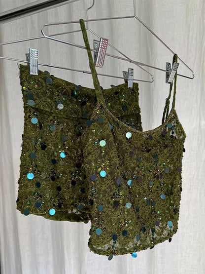 Sexy Sequins See Through Tank Top Shorts Sets Women Sleeveless Backless Vest Mini Shorts Suits Vacation Party 2025 New Outfits