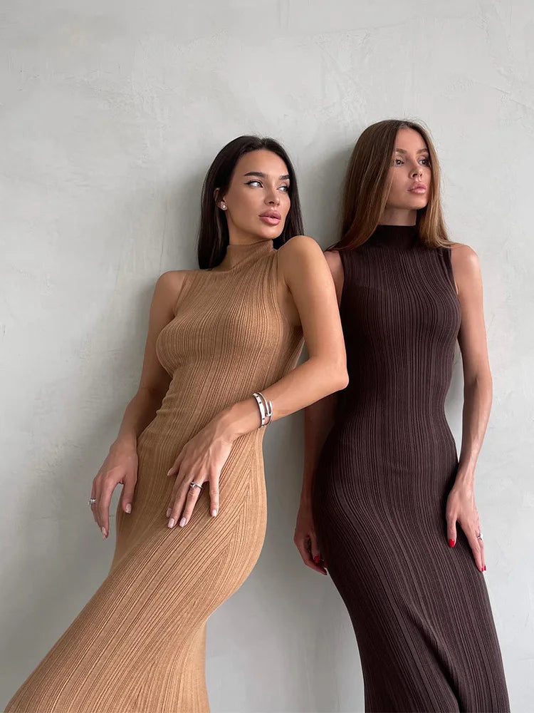 Mock Neck Sleeveless Rib Knit Bodycon Maxi Dress