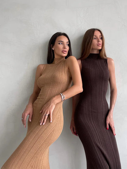 Mock Neck Sleeveless Rib Knit Bodycon Maxi Dress
