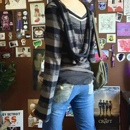 Aesthetic Striped Knitted Hooded Sweaterwith Pockets Autumn Casual Long Sleeve Pullovers Tops 90s Cyber Grunge Vintage Jumpers