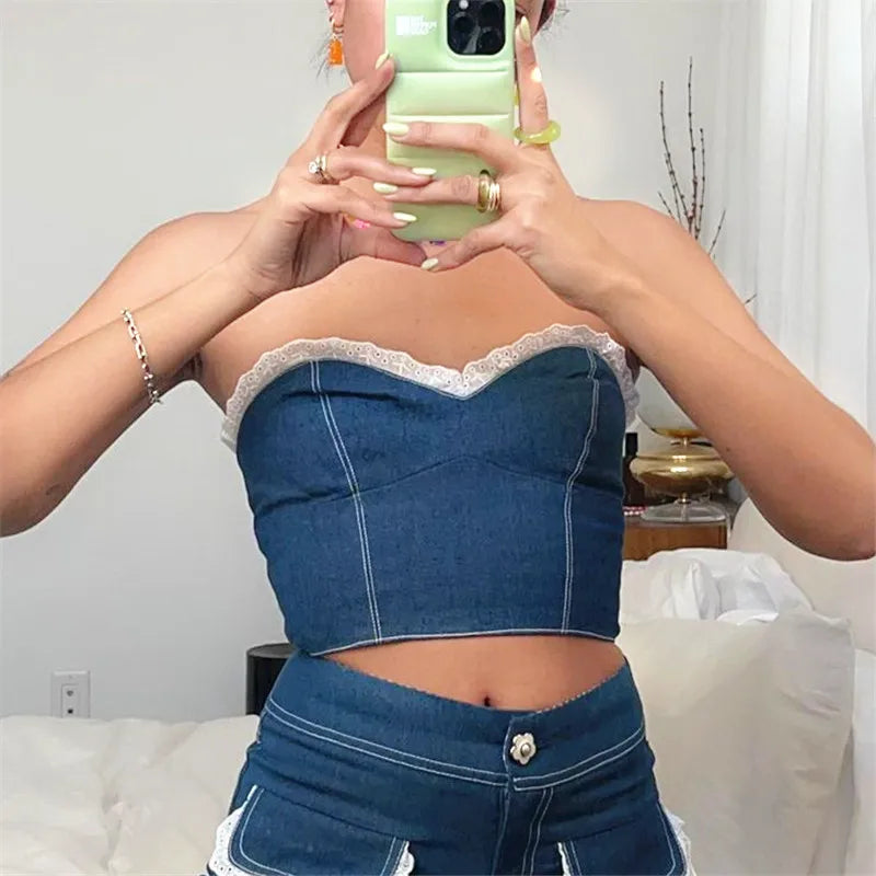 Patchwork Denim Ruffled Y2K Crop Top Women Pleated Strapless Off Shoulder Short Tank Tops Sexy Casual Cami Chic Tops