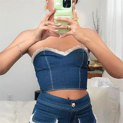 Patchwork Denim Ruffled Y2K Crop Top Women Pleated Strapless Off Shoulder Short Tank Tops Sexy Casual Cami Chic Tops