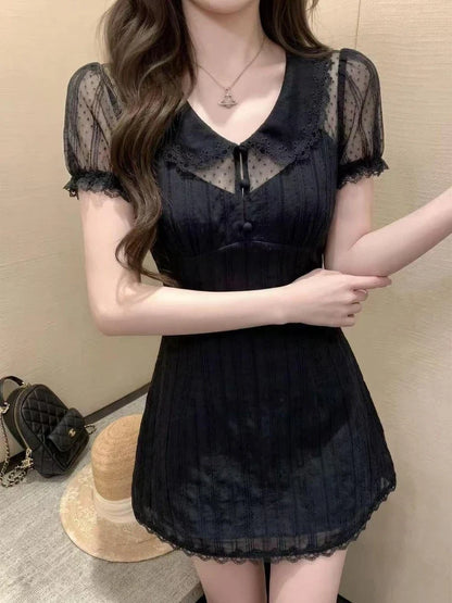 Summer French Elegant Lace Doll Collar Puff Sleeve Sheer Polka Dot Mesh Hollowout Slim Fit Two Piece Dress Women Daily Party