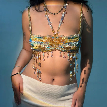 NEW Handmade color matching beads irregular shape chest wrap hollow backless tassel top sexy women beach camping vacation