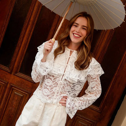 New lace see through double-layer ruffle collar shirt with stylish and stylish design