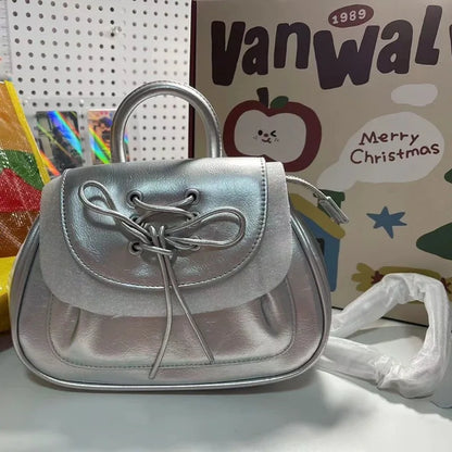 Silver Fashion Womens Shoulder Bag College Style Vintage Small Leather Backpack Sweet Cute Summer Casual Commuter Girl Bag