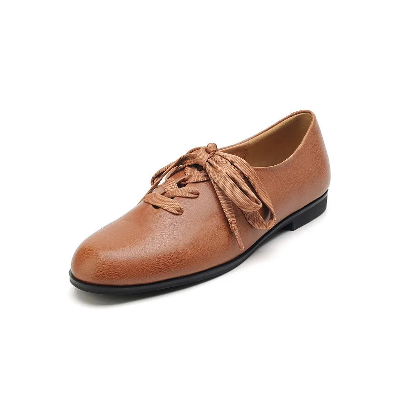 Women Basic Flats Real Leather Comfort Flats Round Toe Woman Lace-Up Daily Flats British Style Cowhide Retro Oxfords