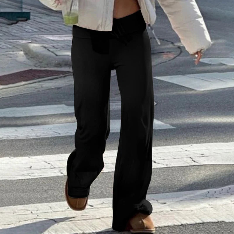 Drawstring Solid Women Slacks Turndown Waist Straight Casual Pants Concise Knitted Sweatpants All-matched Trousers Home