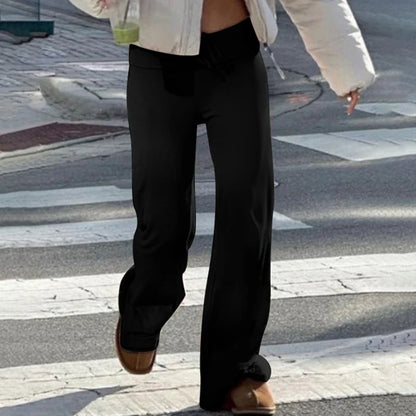 Drawstring Solid Women Slacks Turndown Waist Straight Casual Pants Concise Knitted Sweatpants All-matched Trousers Home