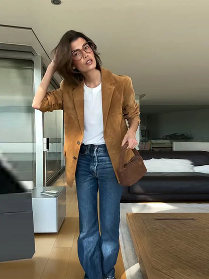 Retro Suede Female Jacket Chic Single Breasted Long Sleeve Lapel Loose Blazer Coat Women 2025 Spring High Street Lady Outerwear