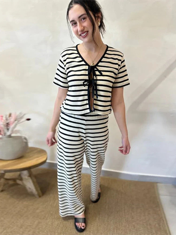 Casual Striped Lace Up Shirt Long Pant Set Women Versatile Loose Full Sleeve Open Shirts Wide Leg Pants Sets Female Chic Outfits