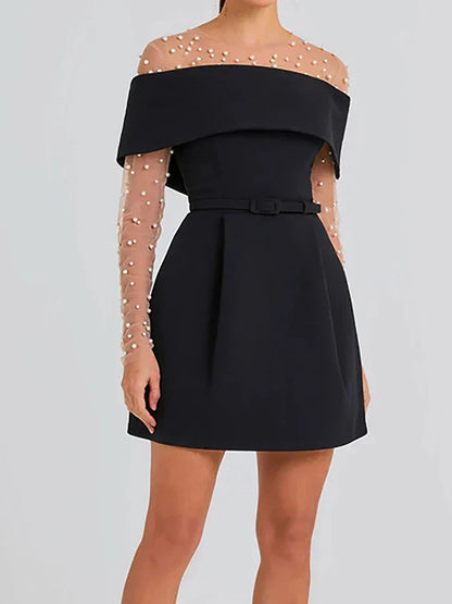 Off Shoulder Belted Fit and Flare Pocket A-Line Mini Dress