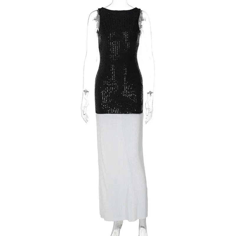 Sequin Bodice Pleated Contrast Skirt Sleeveless Maxi Dress