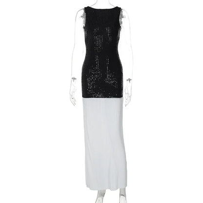 Sequin Bodice Pleated Contrast Skirt Sleeveless Maxi Dress