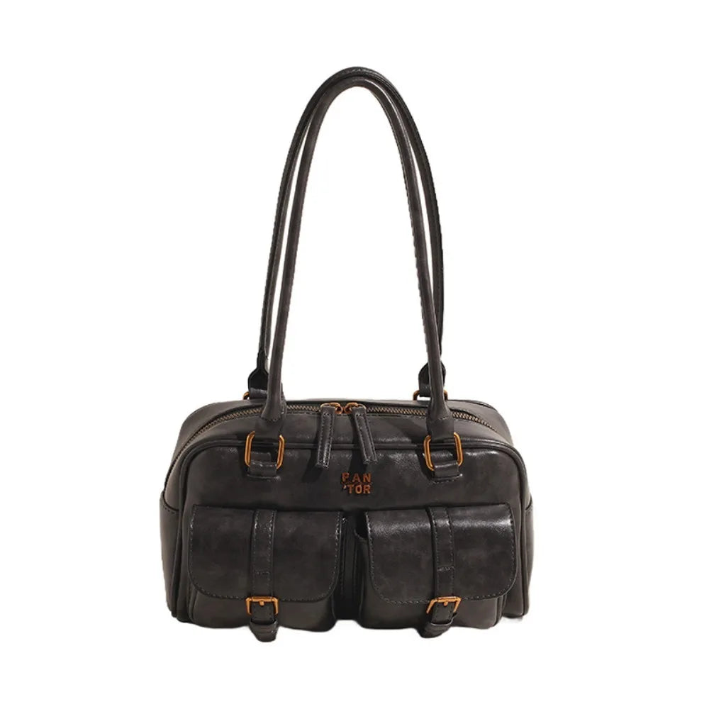 Fashion PU Leather Boston Shoulder Bag Large Capacity with Multi-Pockets Underarm Bag Solid Clutch Purse Girl