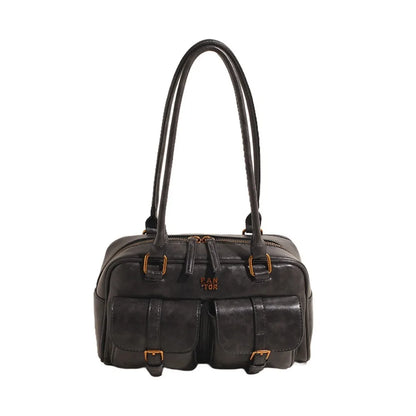 Fashion PU Leather Boston Shoulder Bag Large Capacity with Multi-Pockets Underarm Bag Solid Clutch Purse Girl