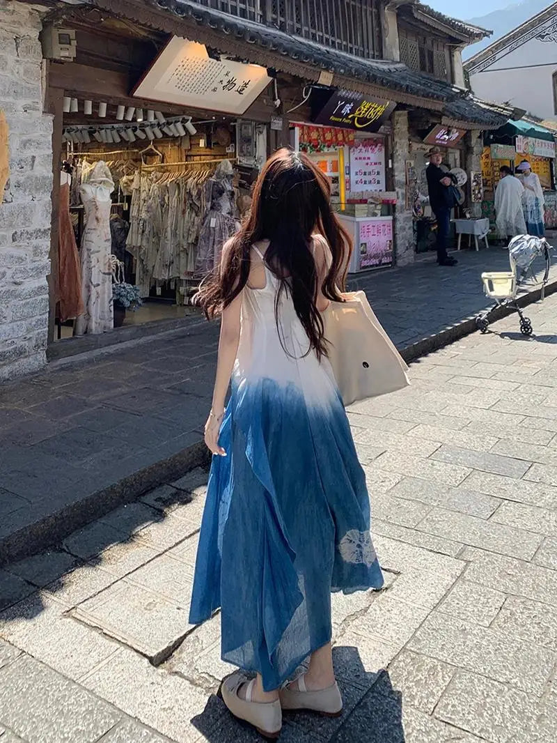 Holiday Style Tie Dyeing Blue Strap Camsiole Dress Summer Ethnic Style Temperament Sleevleess A-line Beach Long Dress for Women