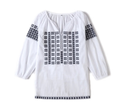 White Bohemia Tops Cotton Embroidery 2024 Autumn Blouse Shirt Women Casaul Loose V Neck Boho Pullover Camisas Mujer