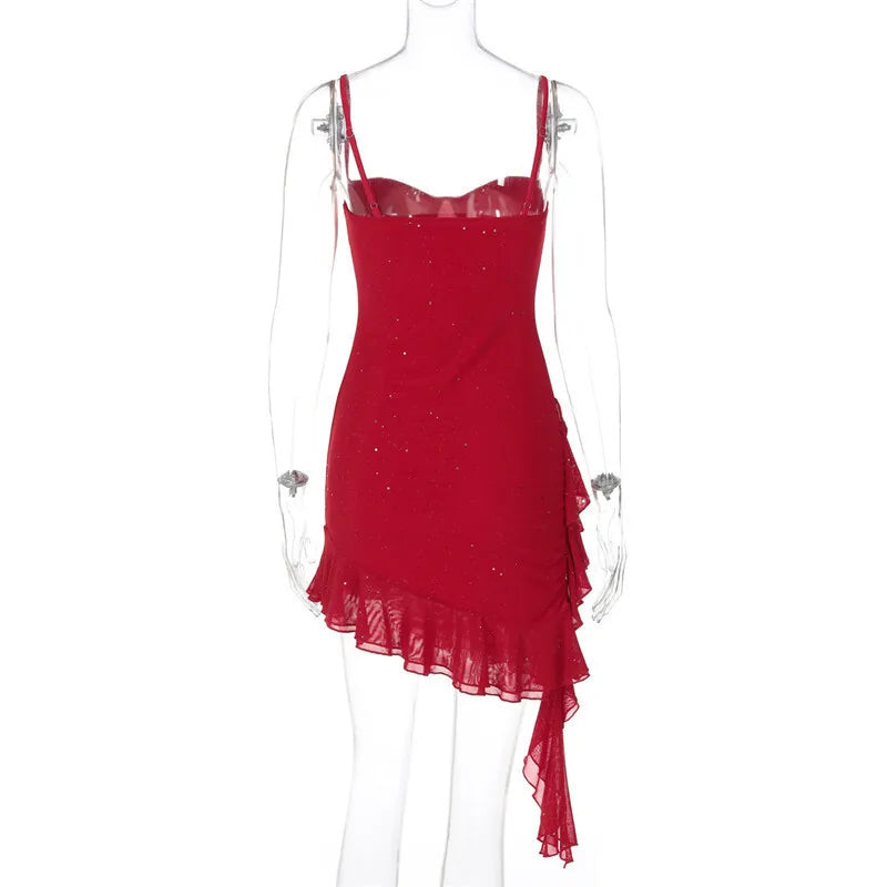 Spaghetti Strap Ruffled Sexy Mini Dress For Women Red Fashion Sleeveless Backless High Waist A-line Club Party Dress