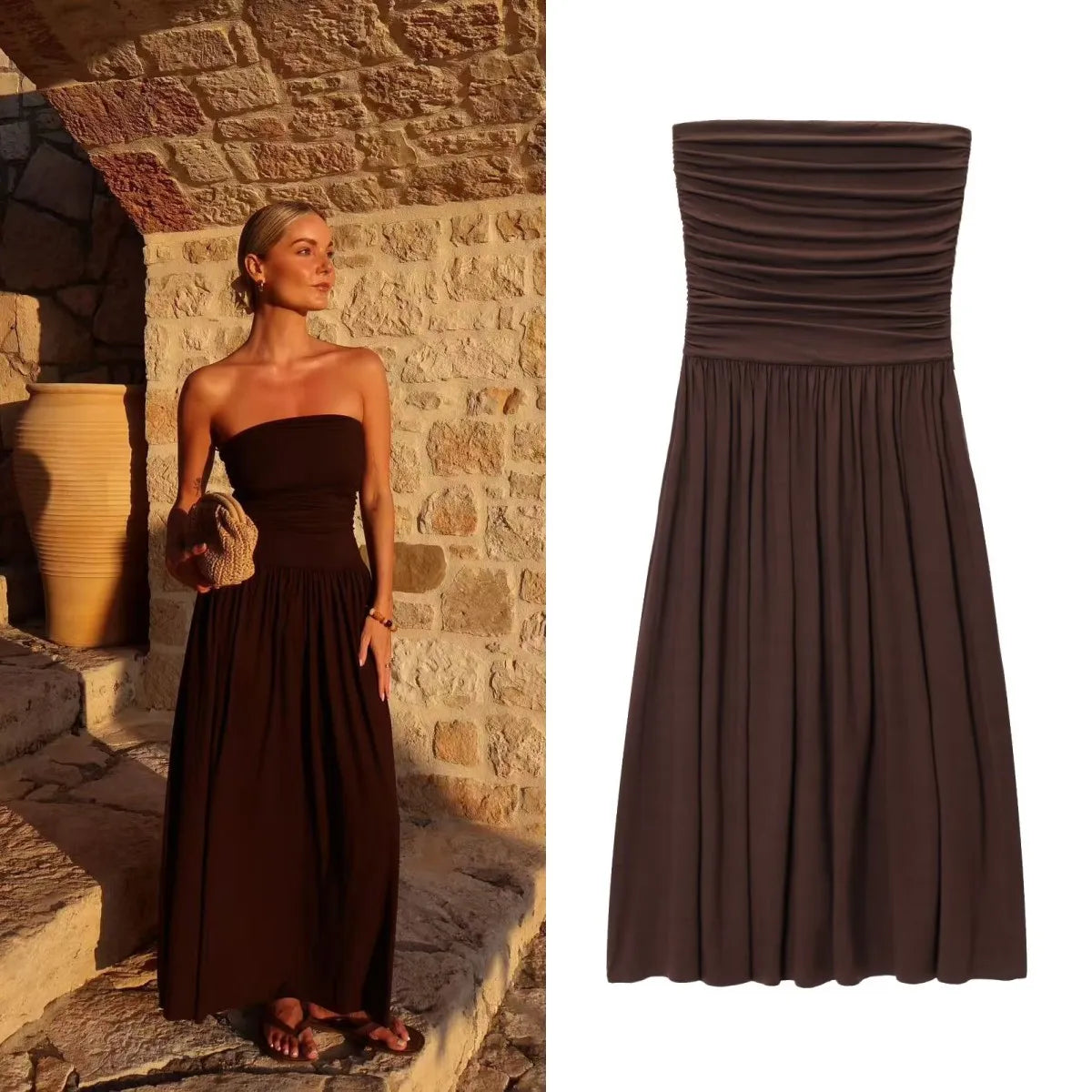 2025 traf women's new dress elegant sexy off-shoulder fashion pleats details slimming strapless dress
