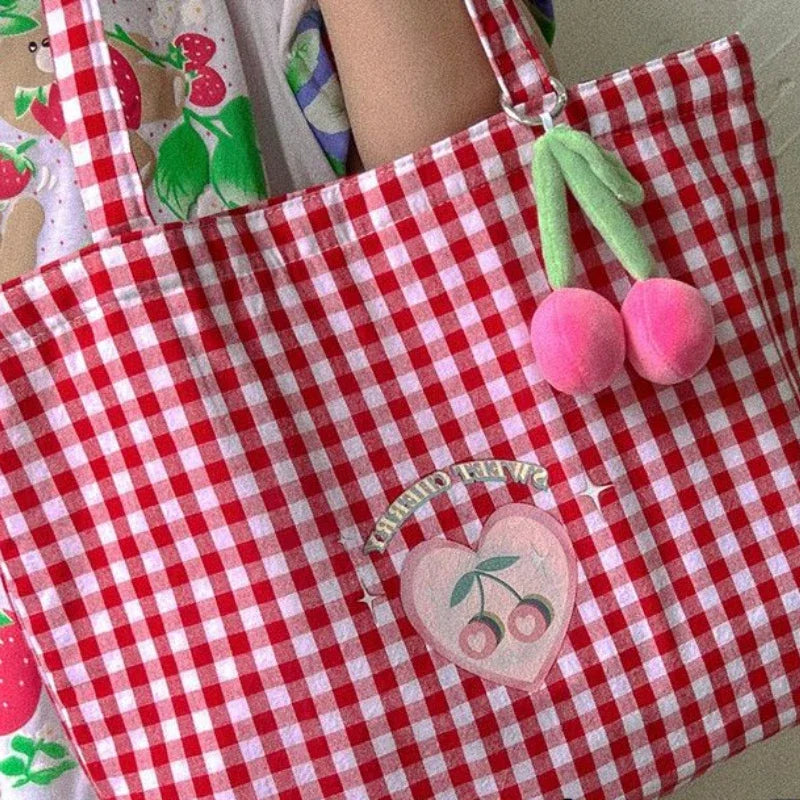 All Match Vintage Sweet Cute Plaid Tote Bags Fashion Casual Preppy Handbag Y2k Canvas Women Shoulder Underarm Bag High-capacity