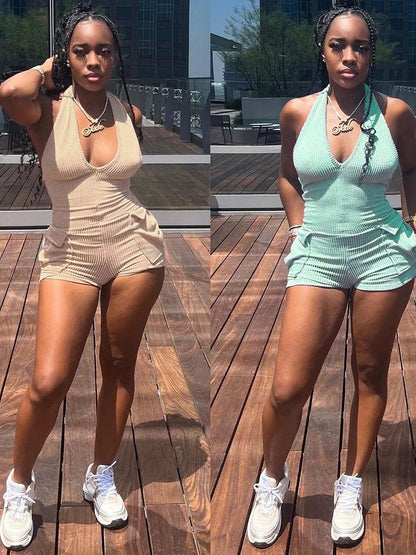Casual Knitting Playsuit Sexy Halter Backless Rompers Basics Splice Pockets Hollow Vest Fall And Winter Women Streetwear