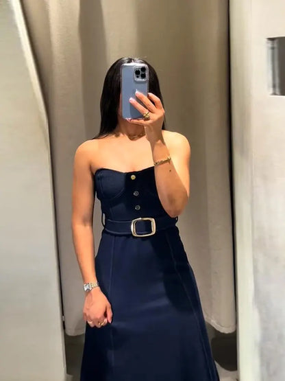 Elegant Off Shoulder Belt Women's Denim Dress Solid Backless Sleeveless Strapless A-line Dresses 2025 Summer Fashion Lady Robes