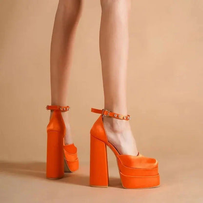 High Quality Satin Women Super High Heels Square Toe Platform Ankle Strap Party Wedding Shoes Mary Jane Chunky Heel Shoes