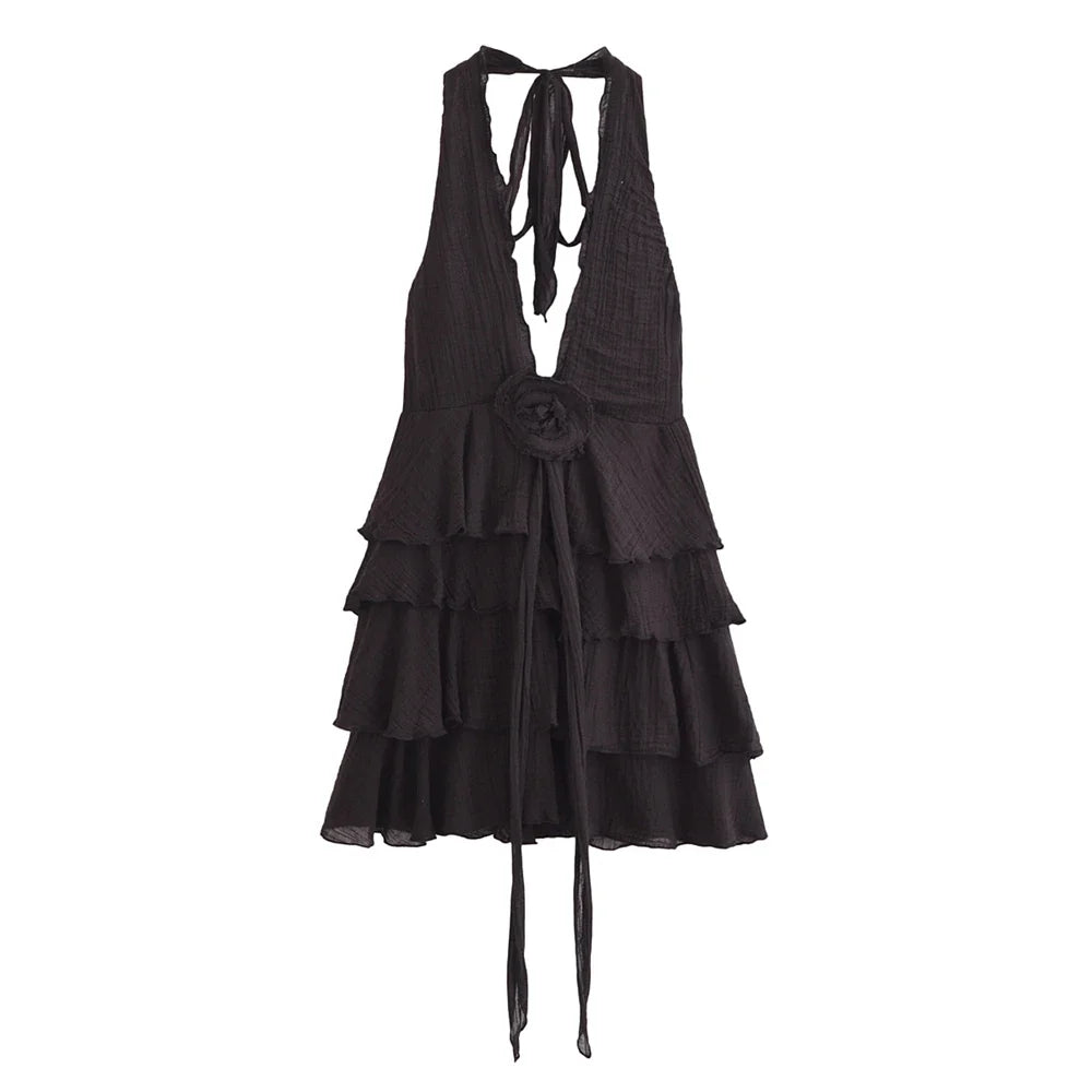 New Women's Fashion Solid Color Versatile Deep V-neck Flower Bow Off the Shoulder Sexy Sleeveless Dress