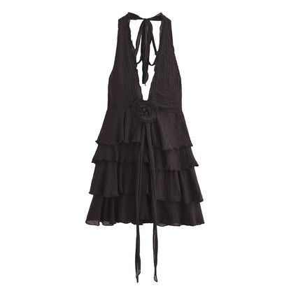 New Women's Fashion Solid Color Versatile Deep V-neck Flower Bow Off the Shoulder Sexy Sleeveless Dress