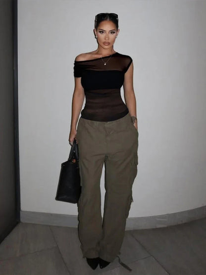 Patchwork Mesh Sheer Top
