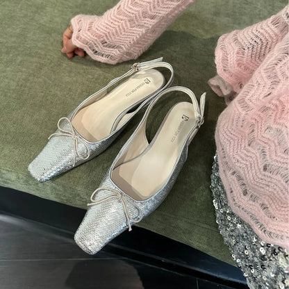 Sandals Straps Slip-on Loafers Summer Women's Suit Female Beige Bling Bling Open Shoes Heel Elastic Band Comfort Black Bright G