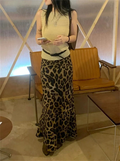 Retro Mopping Skirts Women Loose Slim New Leopard Chic Casual Elegant High Waist Office Lady Daily Streetwear