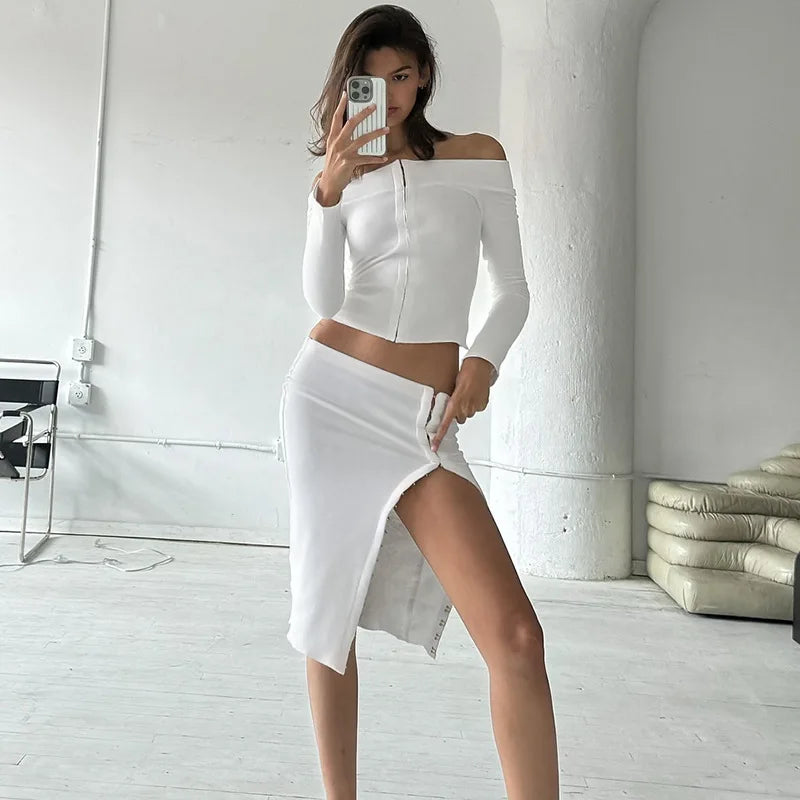 Sexy Split Skirt Suit For Women One-Shoulder Single Breasted Long Sleeves Top Slim Fit Skirt Elegant Party Club Outfits