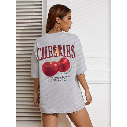 Cherry Print Loose Cotton T-shirt