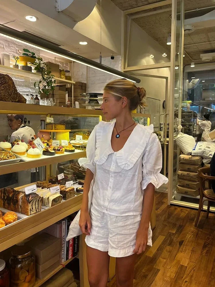 French Chic Elegant Shirt Blouse White Lace Peter Pan Collar Cotton Summer Puff Sleeve Loose Women Ladies Blouse Tops