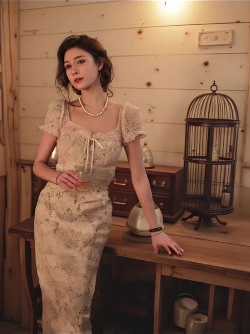 Vintage Midi Dress Women Elegant Party Prom Lace Square Collar Dresses Summer Korean Puff Short Sleeve Bodycon Design Vestidos