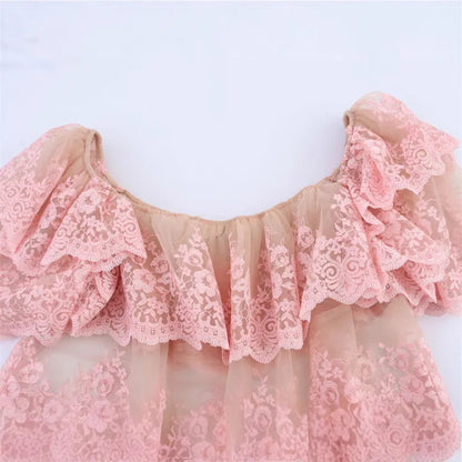 Spring New Top with European and American Sexy Printed Women's Lace Loose Ruffle Edge Stacking Design, niche