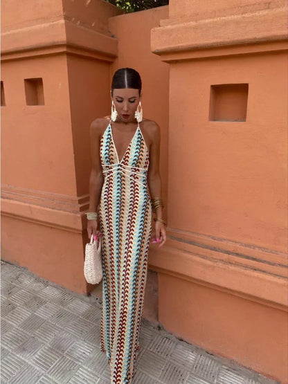 Halter Deep V Crochet Wave Pattern Column Maxi Dress