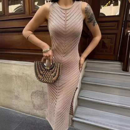 Chevron Mesh Panel Crew Neck Sleeveless Side Slit Knit Maxi Dress