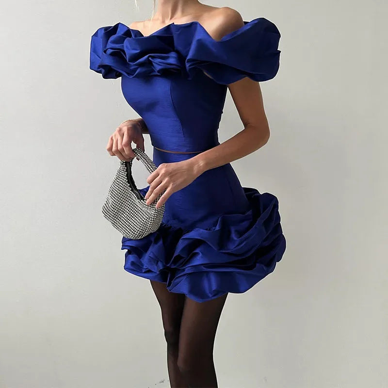Elegant Women's Suit Slash Neck Pleated Slim Short Top High Waist Zipper Puffy Ruffles Mini Skirt Set Lady New In Matching Sets
