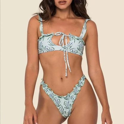 Sexy Hollow Out Push Up Swimwear Bikini Mujer New Ruffle Beachwear Summer Floral Print Bathing Suit Swimsuit Women Biqiuni