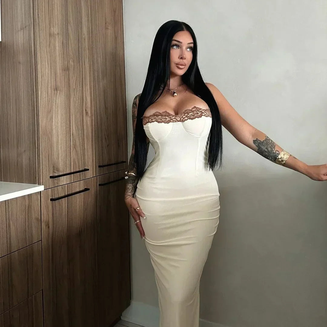 Strapless Corset Lace Trim Ruched Bodycon Maxi Dress