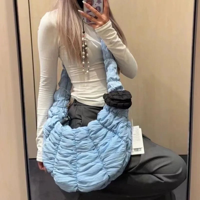 Korean Style Balletcore Bow Shoulder Bag Women Pleated Large Capacity Cloud Bag Ladies Sweet Cute Crossbody Bag New