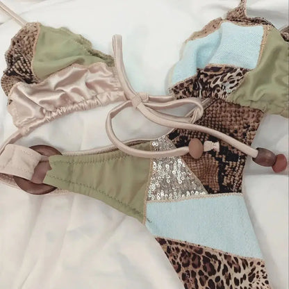 Sexy Stripe Bikini with Scarf Swimsuit Women Shirring Swimwear High Leg Two Piece Bathing Suit Beachwear Halter Biquini