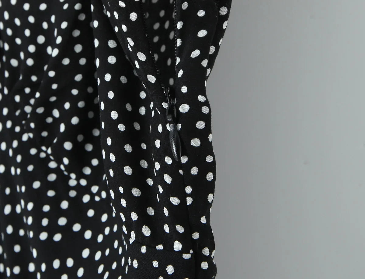 New 2026 Women Short Sleeve V Neck Elegant A-line Midi Summer Polka Dot Dresses Holiday Robe