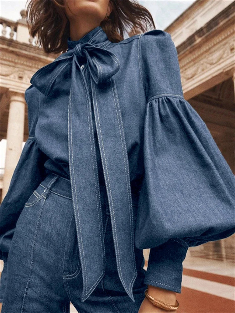 Female Stylish Tie Design High Neck Blouses New Autumn Fashion Imitation Denim Puff Sleeves Casual Shirts