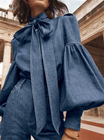 Female Stylish Tie Design High Neck Blouses New Autumn Fashion Imitation Denim Puff Sleeves Casual Shirts
