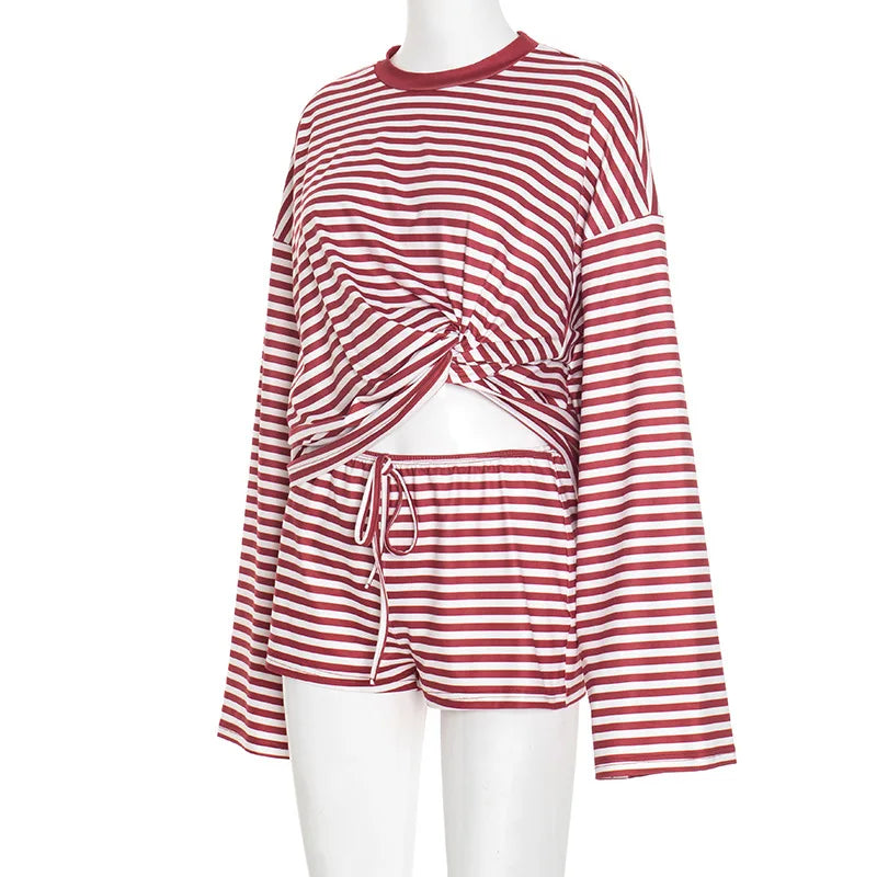Autumn Striped Women Casual 2 Piece Set Tracksuits O Neck Long Sleeve Loose T-shirts Tops + Drawstring Shorts Home Suits